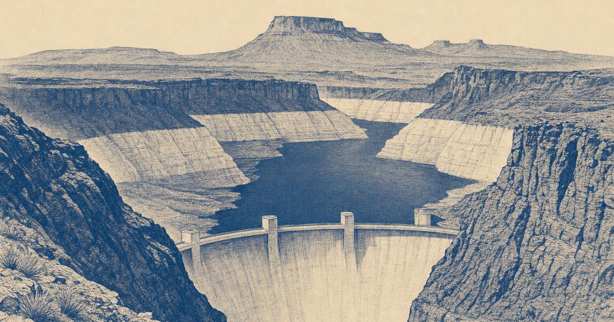 Illustration of a canyon reservoir at low water behind an arch dam, drawn in the style of a mid-century geological survey report.